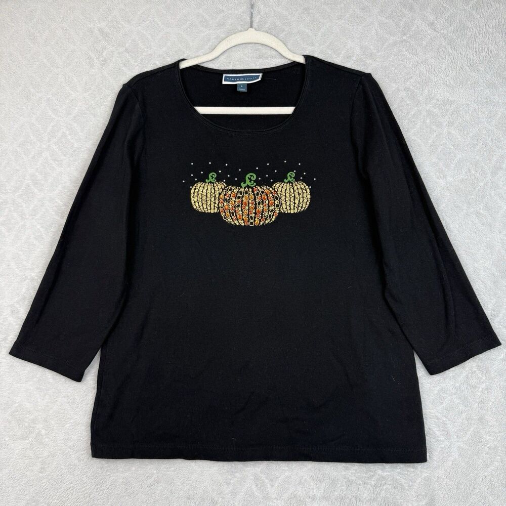 Karen Scott Fall Pumpkins Top Womens L Glitter Rhinestone Halloween Grandmacore